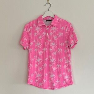 Sunday Swagger Womens Pink Palm Tree Golf Polo Shirt Size S